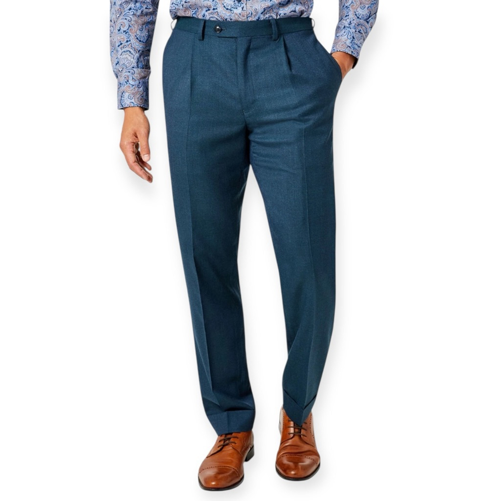 TALLIA Classic-Fit Wool Suit Trouser Pants Dark Teal Blue Cuffed Pleated 36 x 30